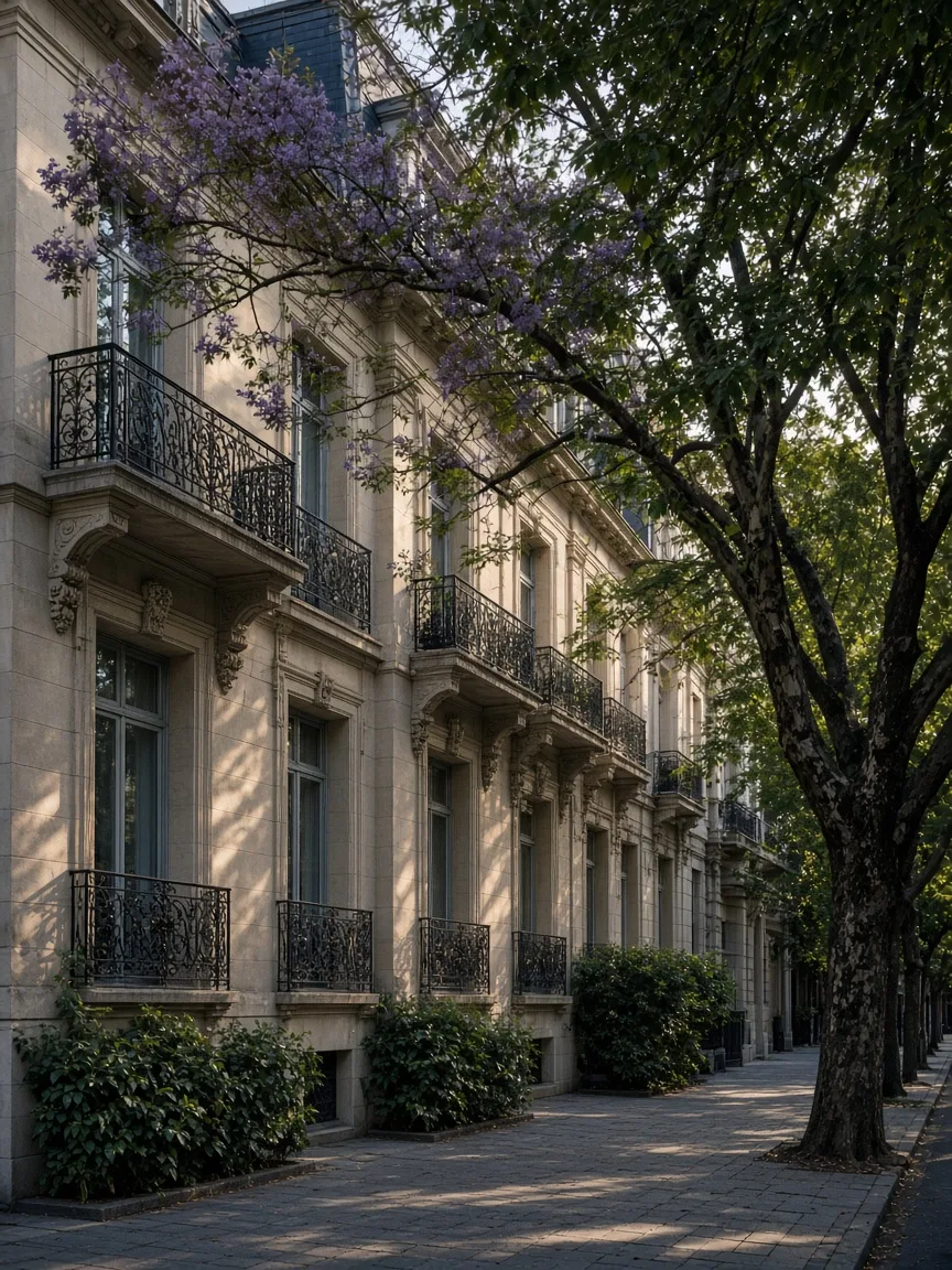 Una calle residencial arbolada con fachadas de estilo francés en Buenos Aires (ilustración)